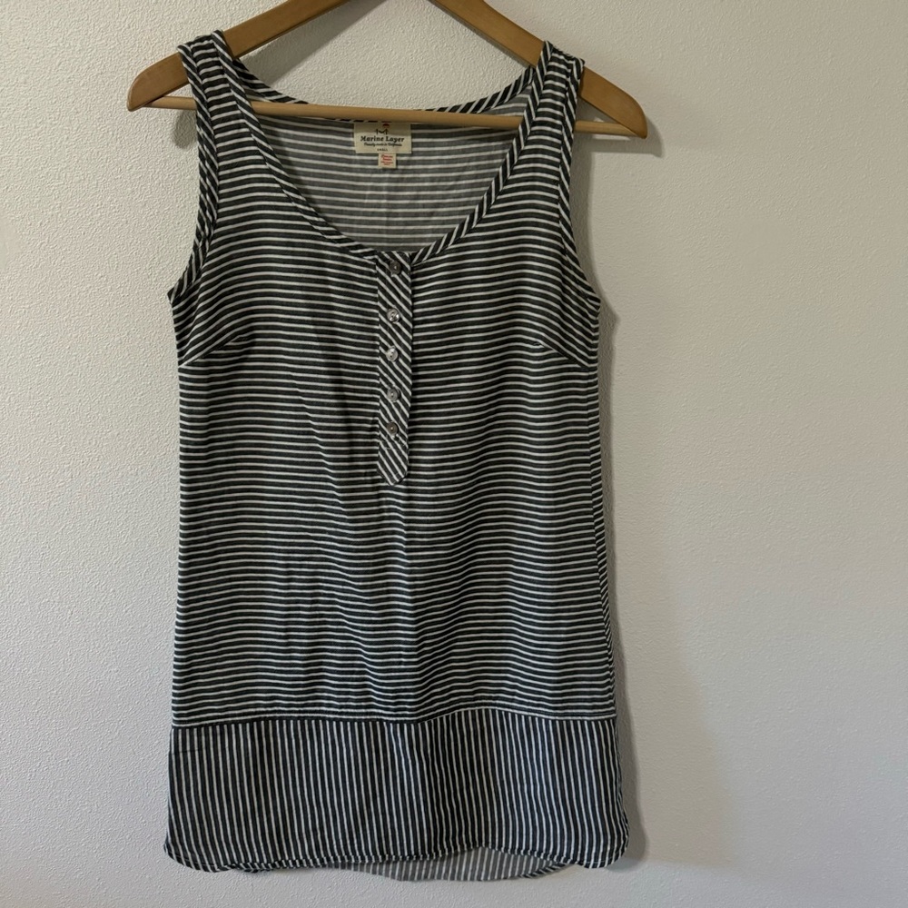 Marine Layer Gray Stripe Sleeveless Mini Dress Drop Waist Button Scoop Neck-S